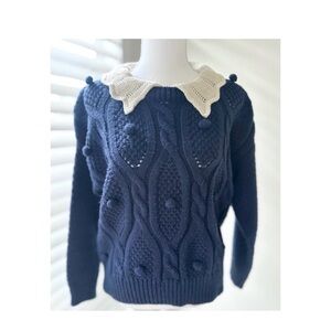 Navy Blue Cable Knit Sweater with Cream Collar